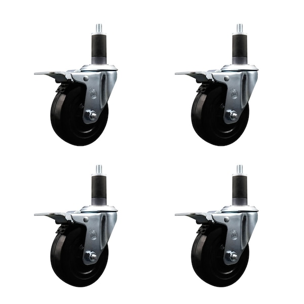 4'' Hard Rubber Swivel 1-1/4'' Expanding Stem Caster Set Total Lock Brake, 4PK